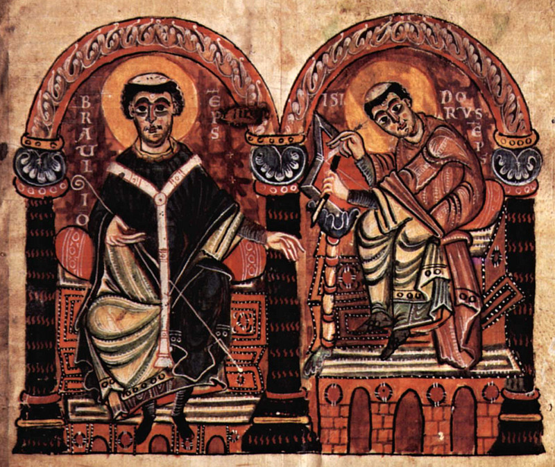 Biskup Braulio a Isidor ze Sevilly. Z rukopisu Etymologiae